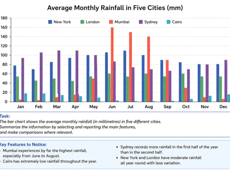 IELTS Academic bar chart comparing average monthly rainfall in five cities throughout the year.