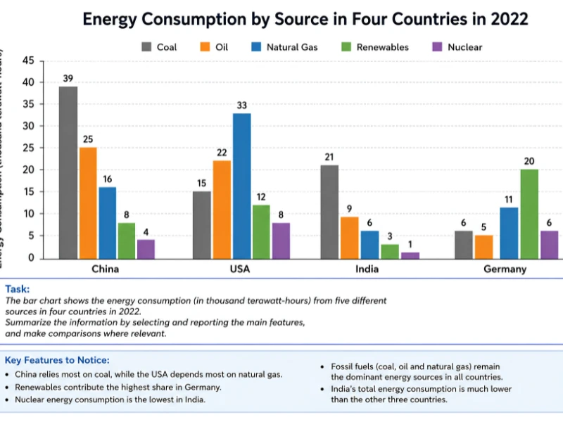 IELTS Writing Task 1 bar chart showing energy consumption by source in four countries in 2022.