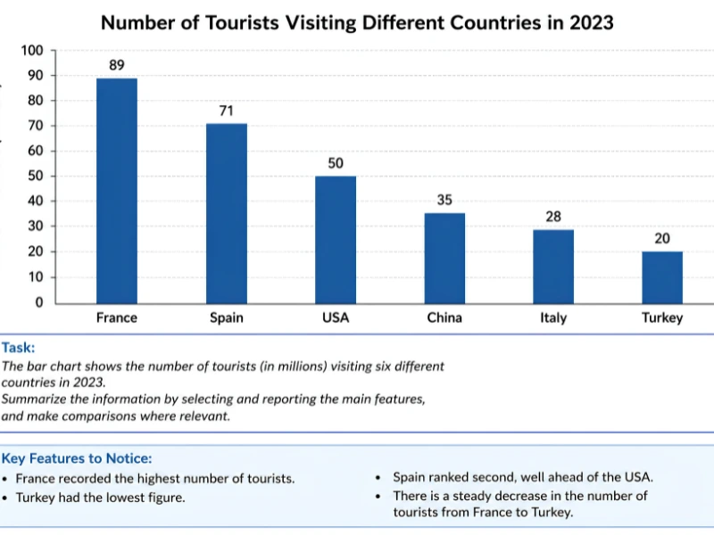 IELTS Writing Task 1 bar chart showing the number of tourists visiting six countries in 2023.