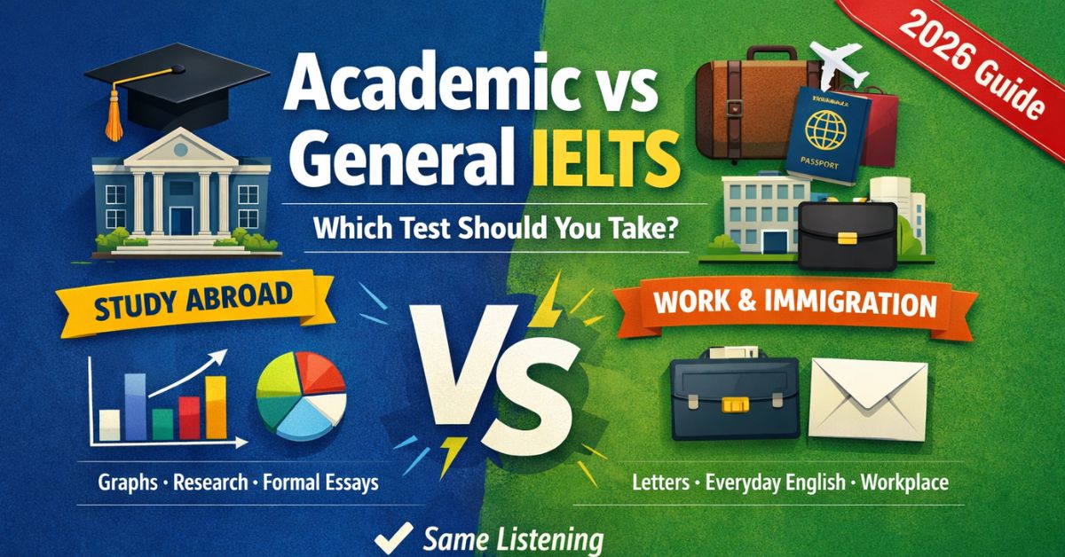 Academic vs General IELTS differences comparison chart showing test format scoring and writing tasks