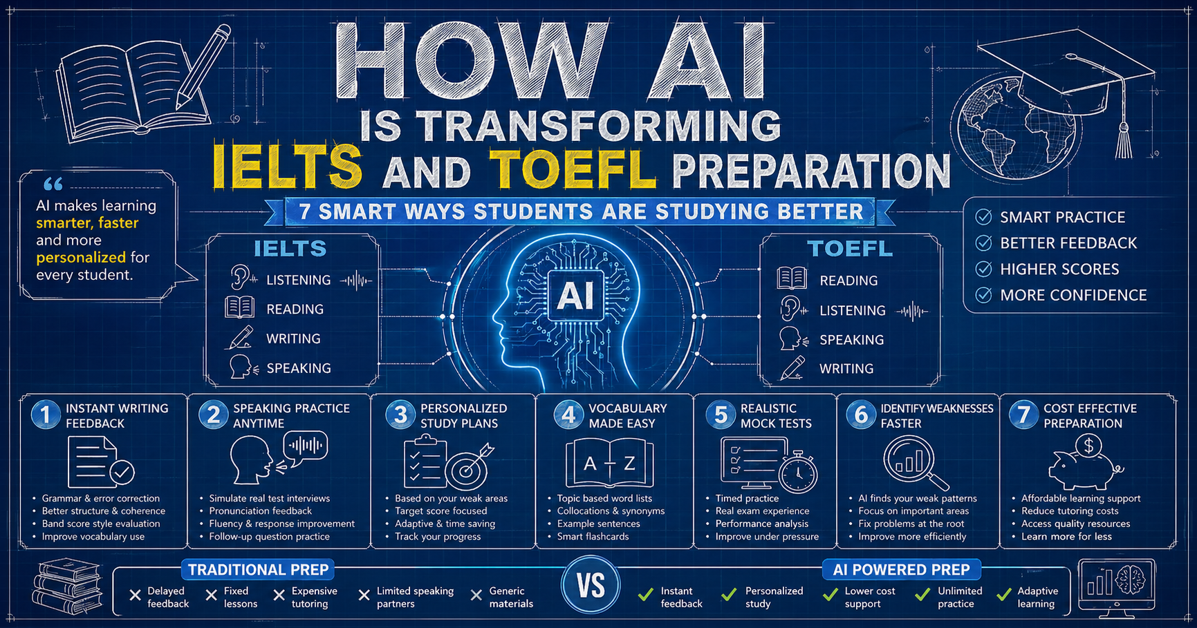 Blueprint style infographic showing how AI is transforming IELTS and TOEFL preparation through writing feedback, speaking practice, personalized study plans, mock tests, vocabulary building, and AI powered learning strategies.
