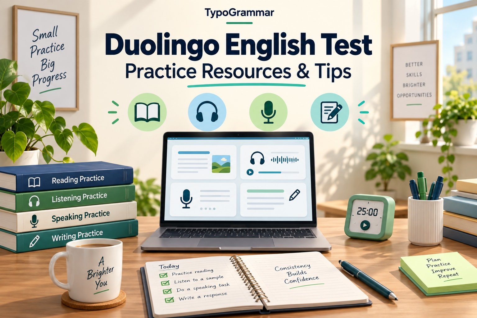 Duolingo English Test practice resources cover with a laptop, notebook, timer and books for reading, listening, speaking and writing.