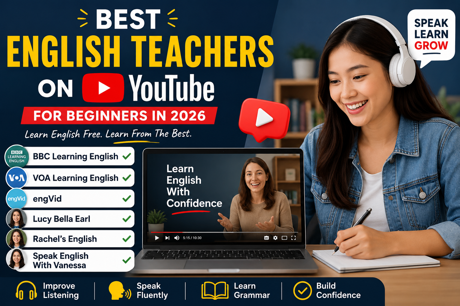 Best English teachers on YouTube for beginners in 2026 — collage of popular English learning channels including BBC Learning English, VOA Learning English, EngVid, Lucy Bella Earl, JenniferESL, and Rachel's English