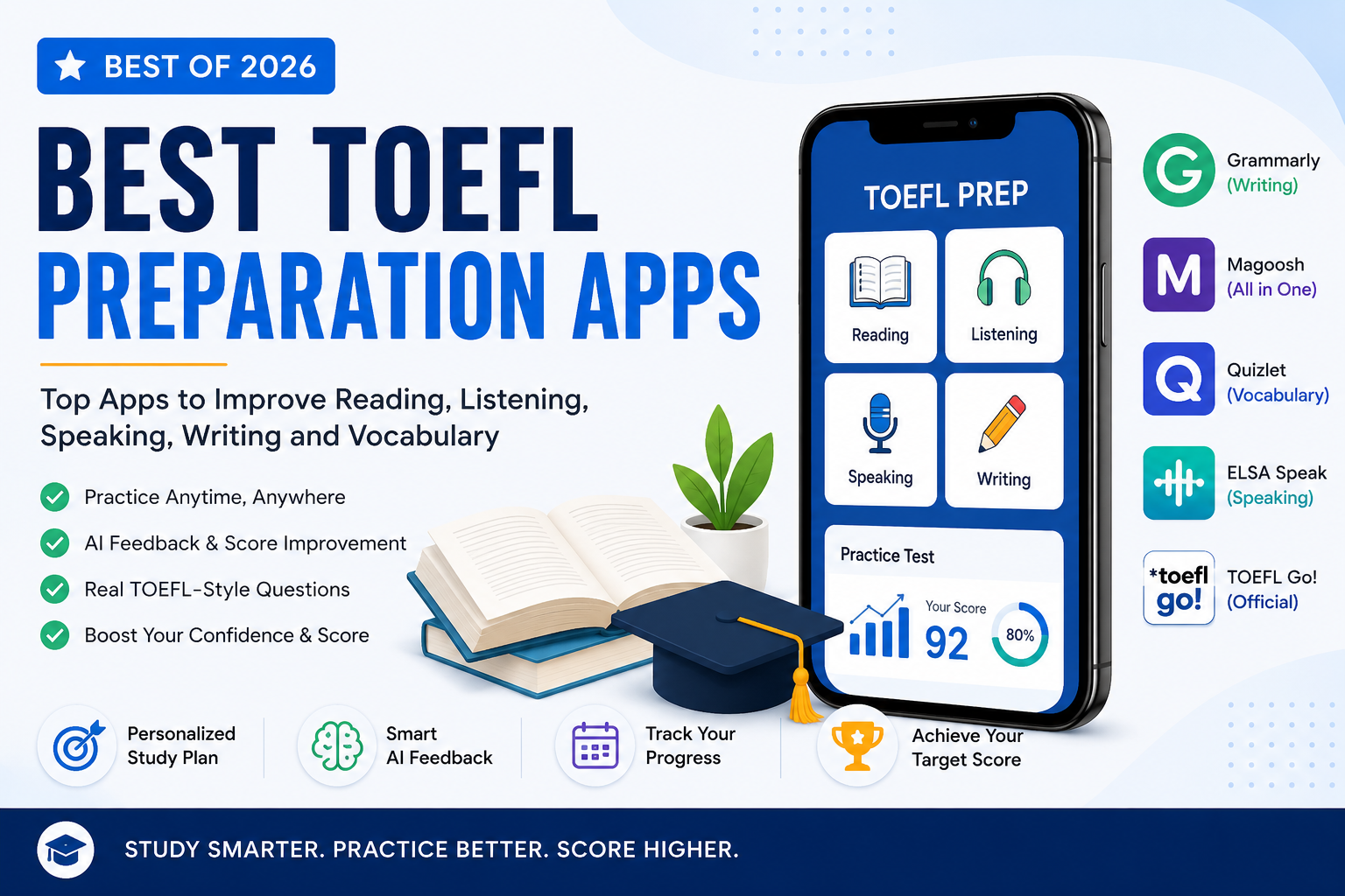 Best TOEFL preparation apps in 2026 including Grammarly, Magoosh, Quizlet, ELSA Speak, and TOEFL Go for speaking, writing, vocabulary, and listening practice.