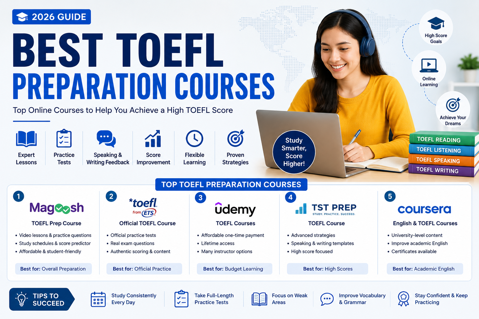 Best TOEFL preparation courses in 2026 featuring Magoosh, ETS Official TOEFL, Udemy, TST Prep, and Coursera for TOEFL speaking, writing, listening, and reading practice.
