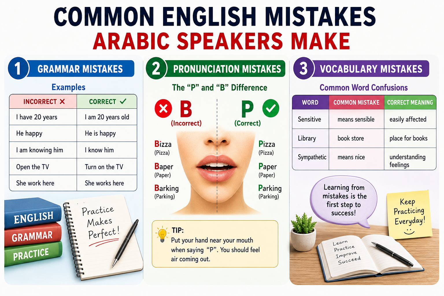 Common English mistakes Arabic speakers make with grammar examples