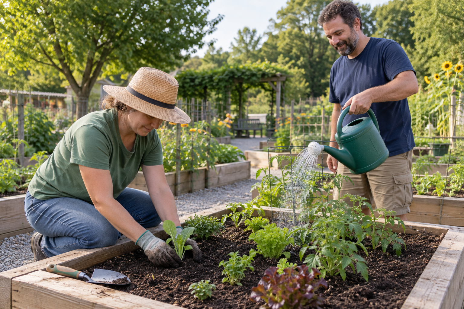 Two adults tending a raised garden bed: one plants a seedling with gloved hands while the other waters plants from a green watering can.