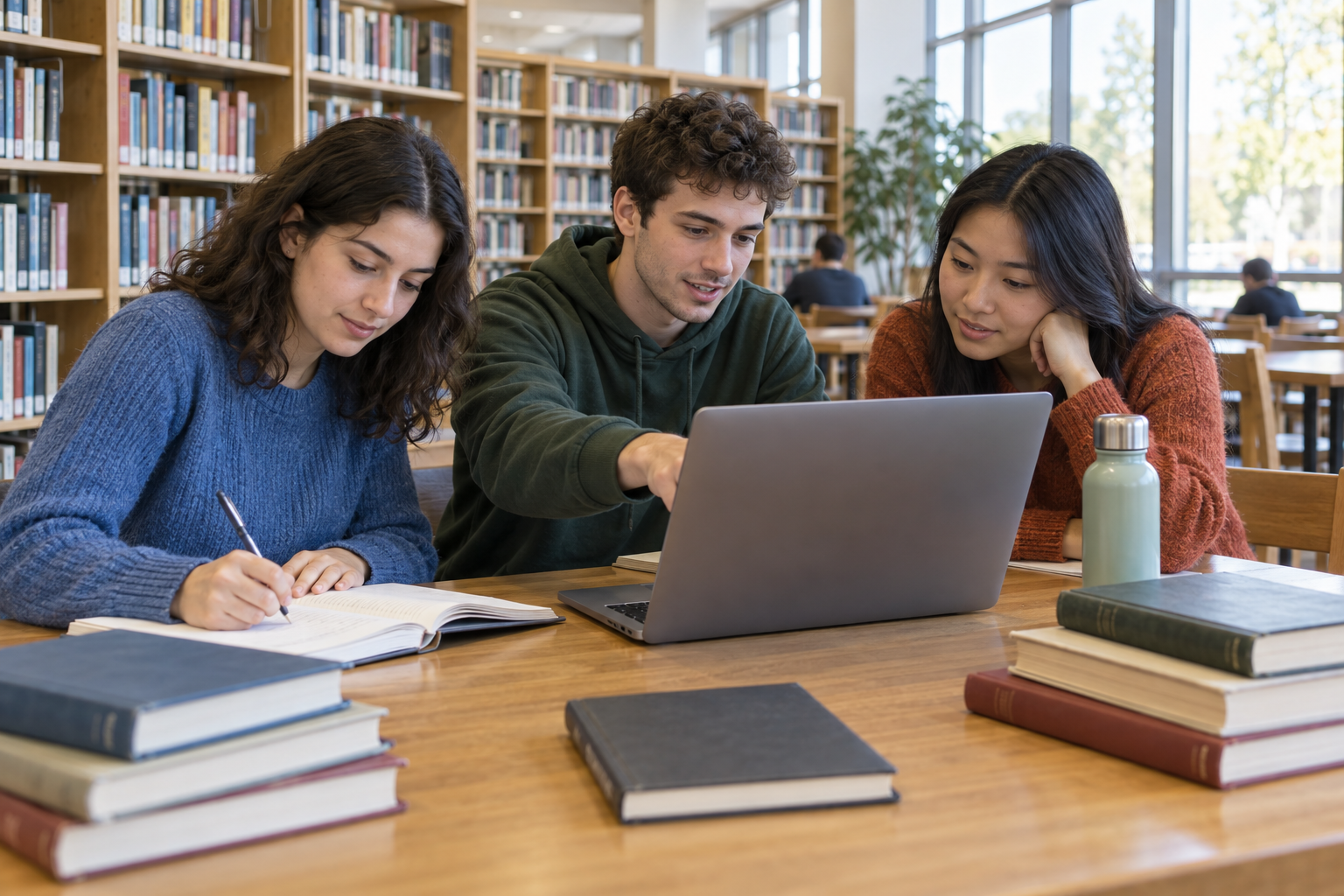 Three people at a library table: one writes in a notebook while two look toward a laptop, with books and a water bottle nearby.