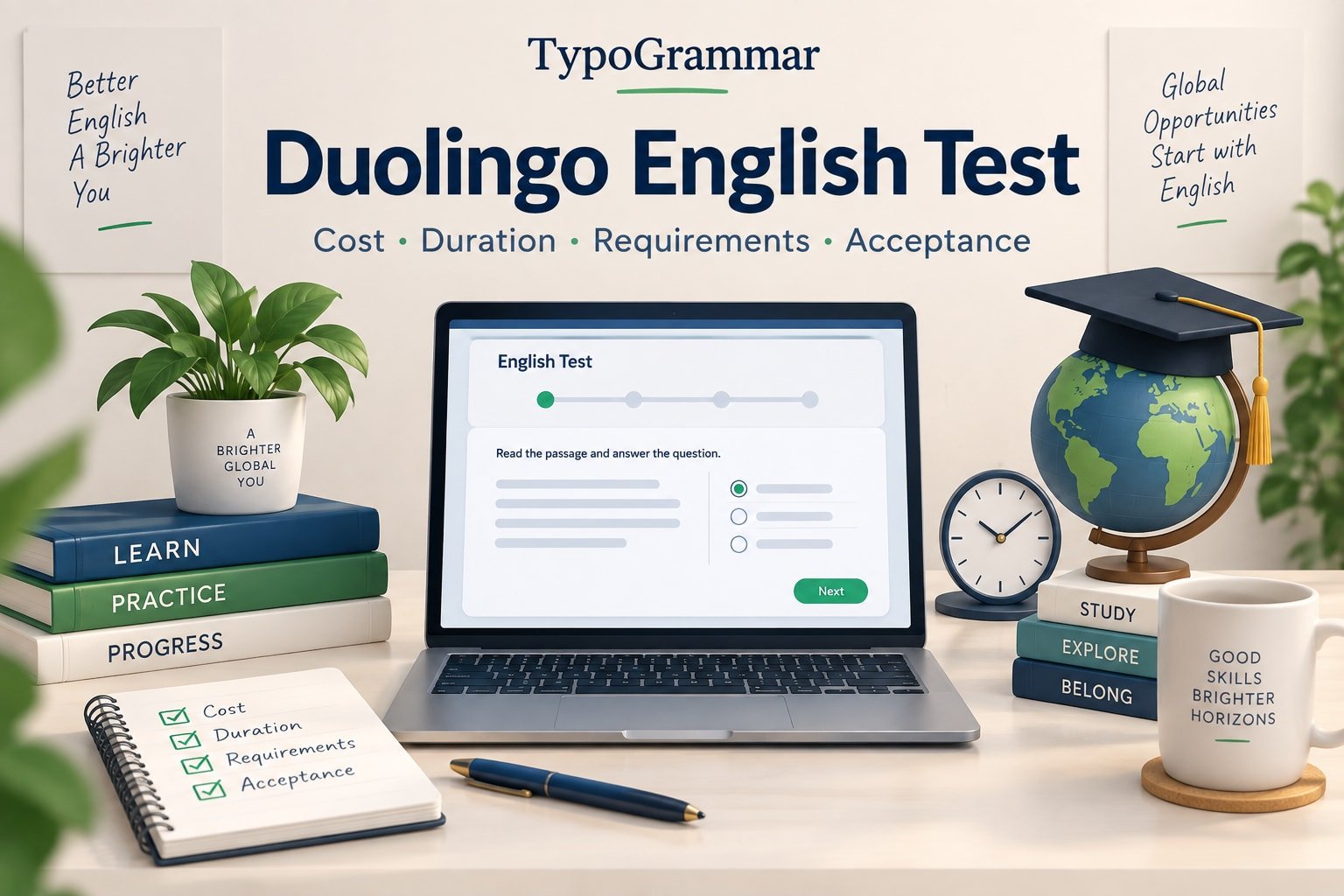 TypoGrammar Duolingo English Test guide illustration with a laptop, checklist, clock and globe.