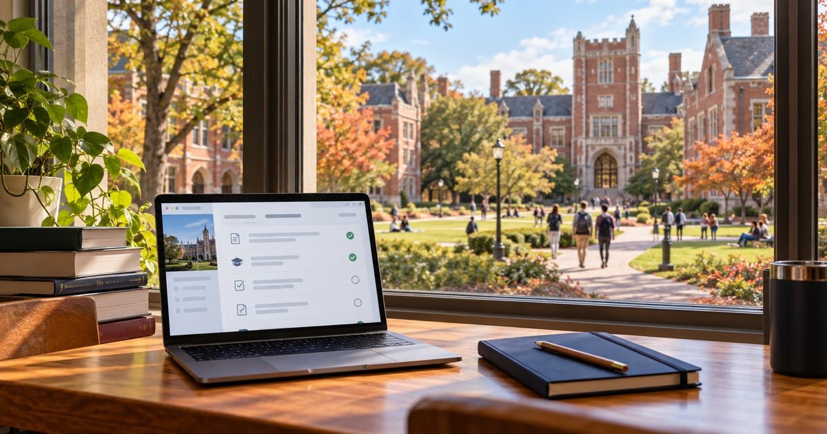 Laptop and notebook beside a library window overlooking a fictional red-brick American university campus in autumn.