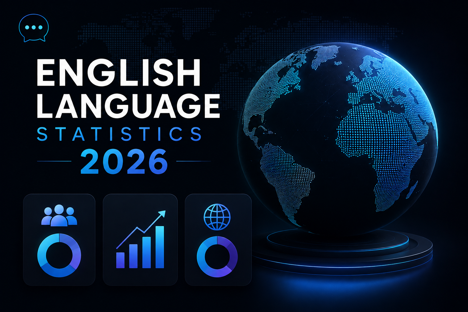 Dark mode infographic featuring a glowing digital globe and the title "English Language Statistics 2026" with modern data visualization icons representing global English language trends.