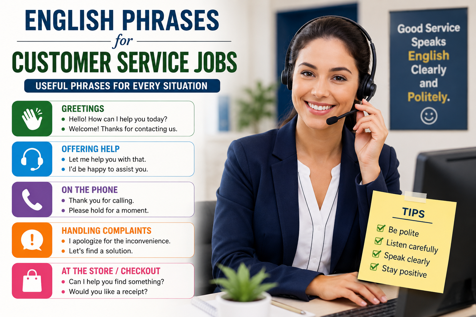 Customer service employee speaking English with a customer in a professional workplace.