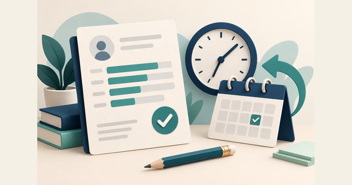 Illustration of a score report, clock and calendar with a retry arrow for planning PTE results and retakes.