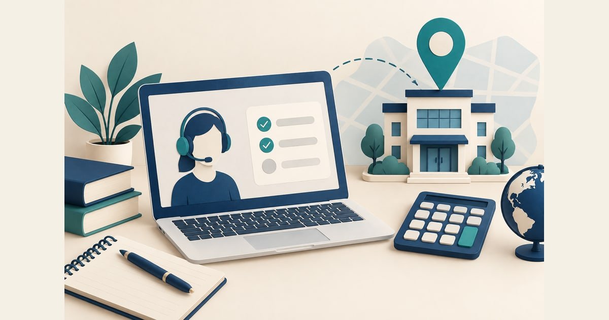 Illustration of a computer and headset, calculator, and location pin above a test center.