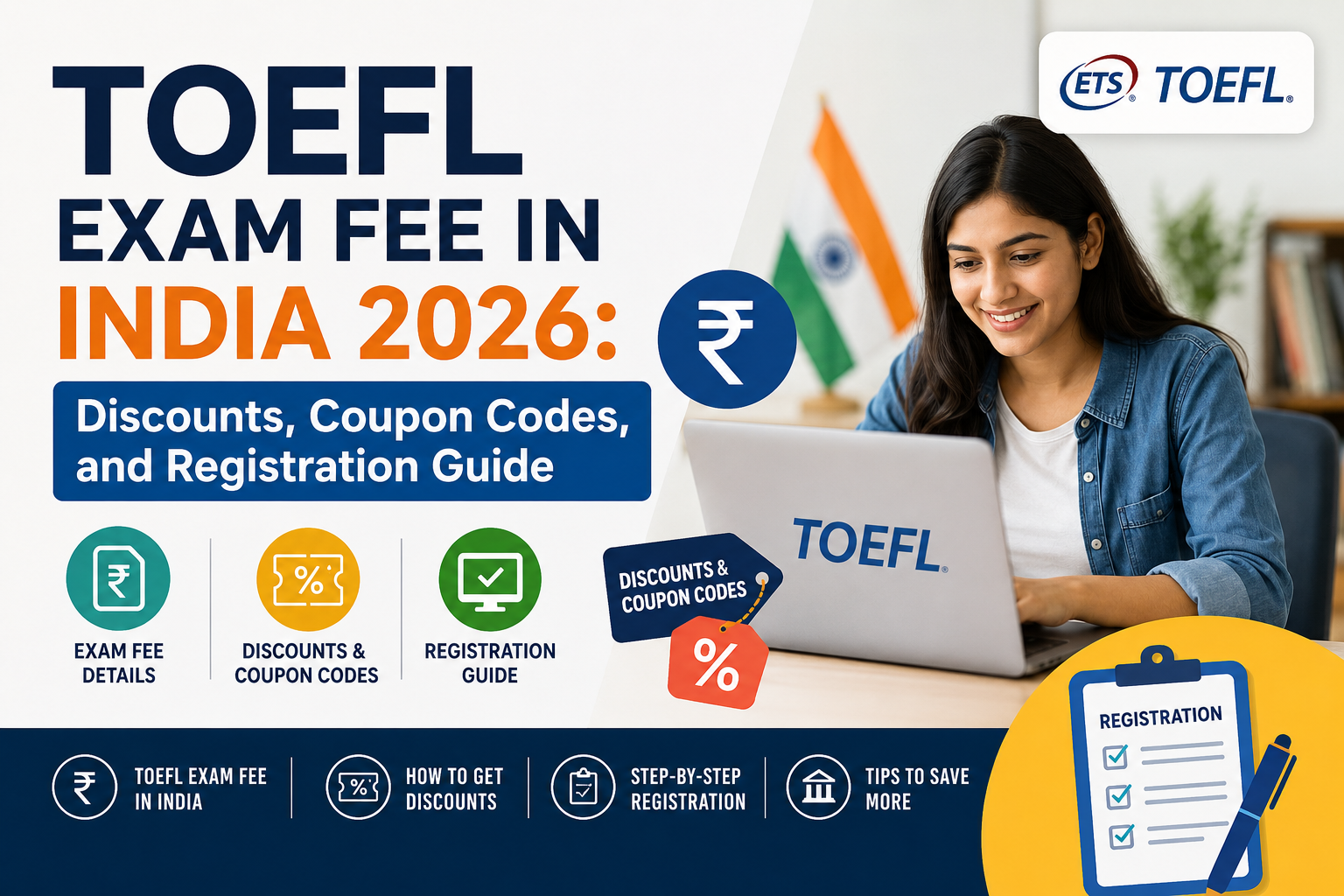 TOEFL Exam Fee in India 2026 infographic featuring an Indian student studying on a laptop, with sections highlighting exam fees, discount offers, coupon codes, and registration guidance. The design includes TOEFL branding, Indian flag elements, fee and discount icons, and a registration checklist for students preparing for the TOEFL exam.