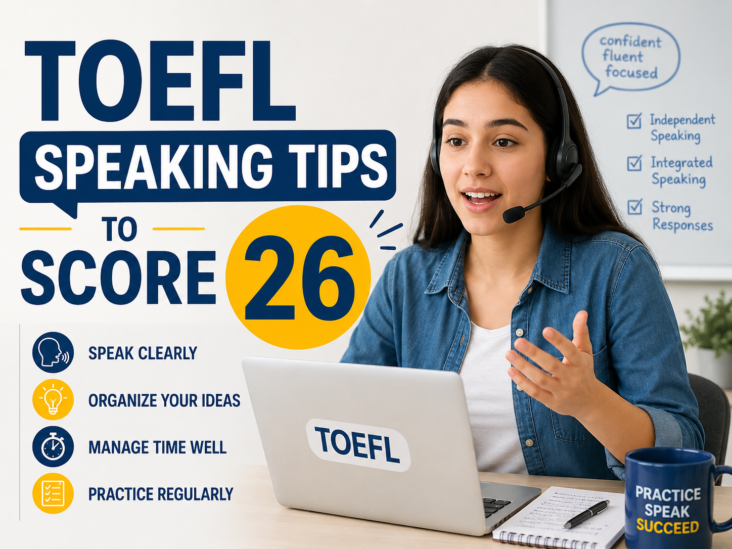 Student practicing TOEFL speaking with a headset and laptop, featuring expert TOEFL speaking tips to score 26, including clear speech, idea organization, time management, and regular practice.