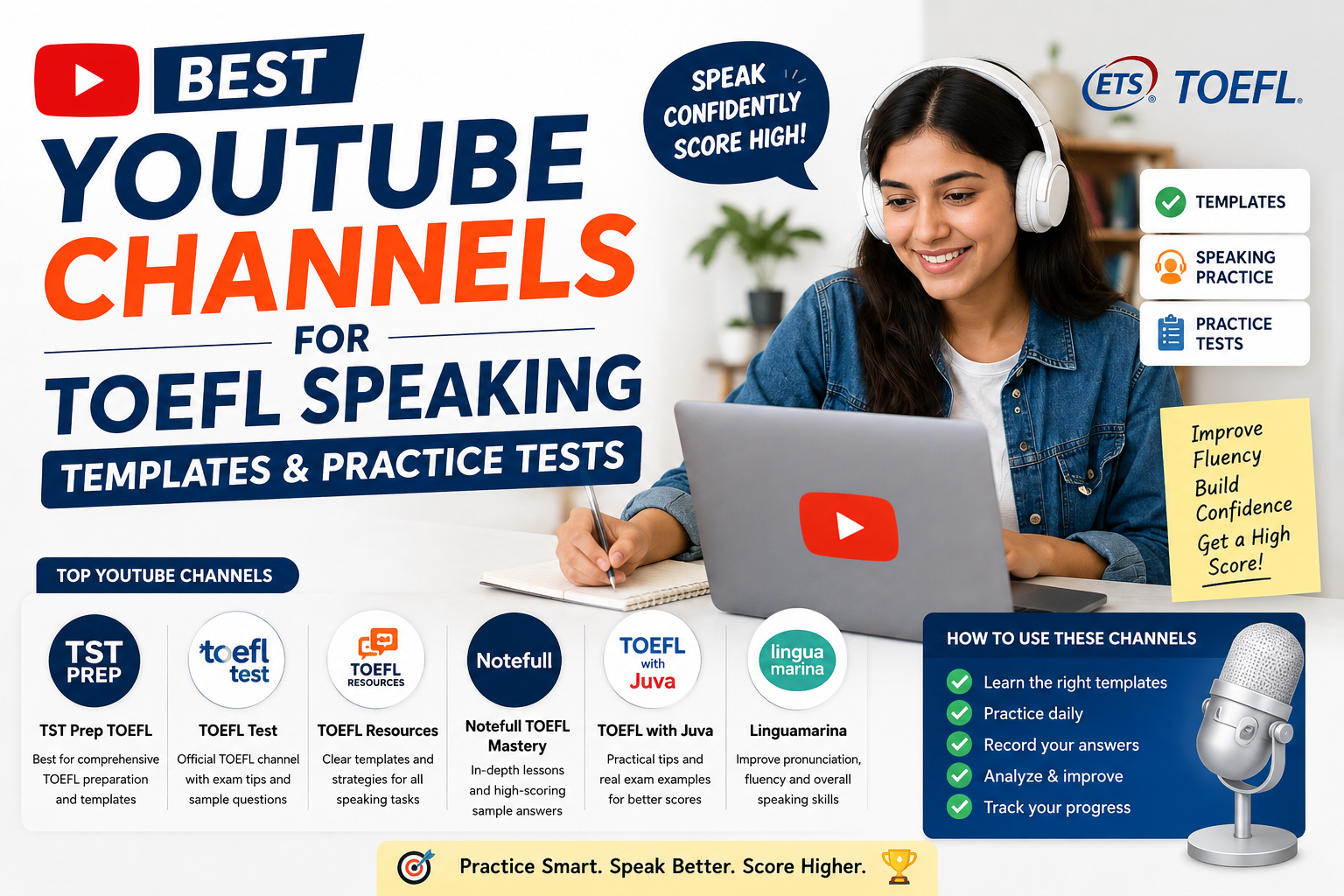 Best YouTube Channels for TOEFL Speaking Templates and Practice Tests infographic featuring a student studying with a laptop and headphones. The image highlights popular TOEFL preparation channels including TST Prep, TOEFL Test, TOEFL Resources, Notefull, TOEFL with Juva, and Linguamarina, along with tips for improving speaking fluency, practicing daily, using speaking templates, and preparing for the TOEFL Speaking section.