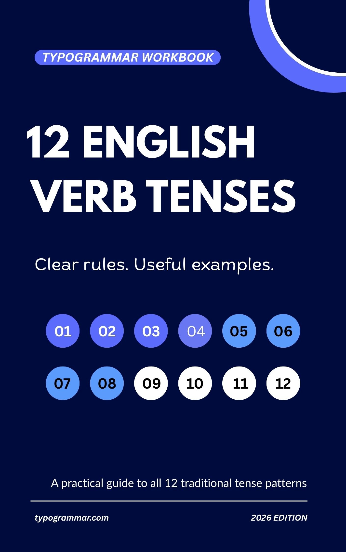12 English Verb Tenses workbook with a navy cover and blue accents.