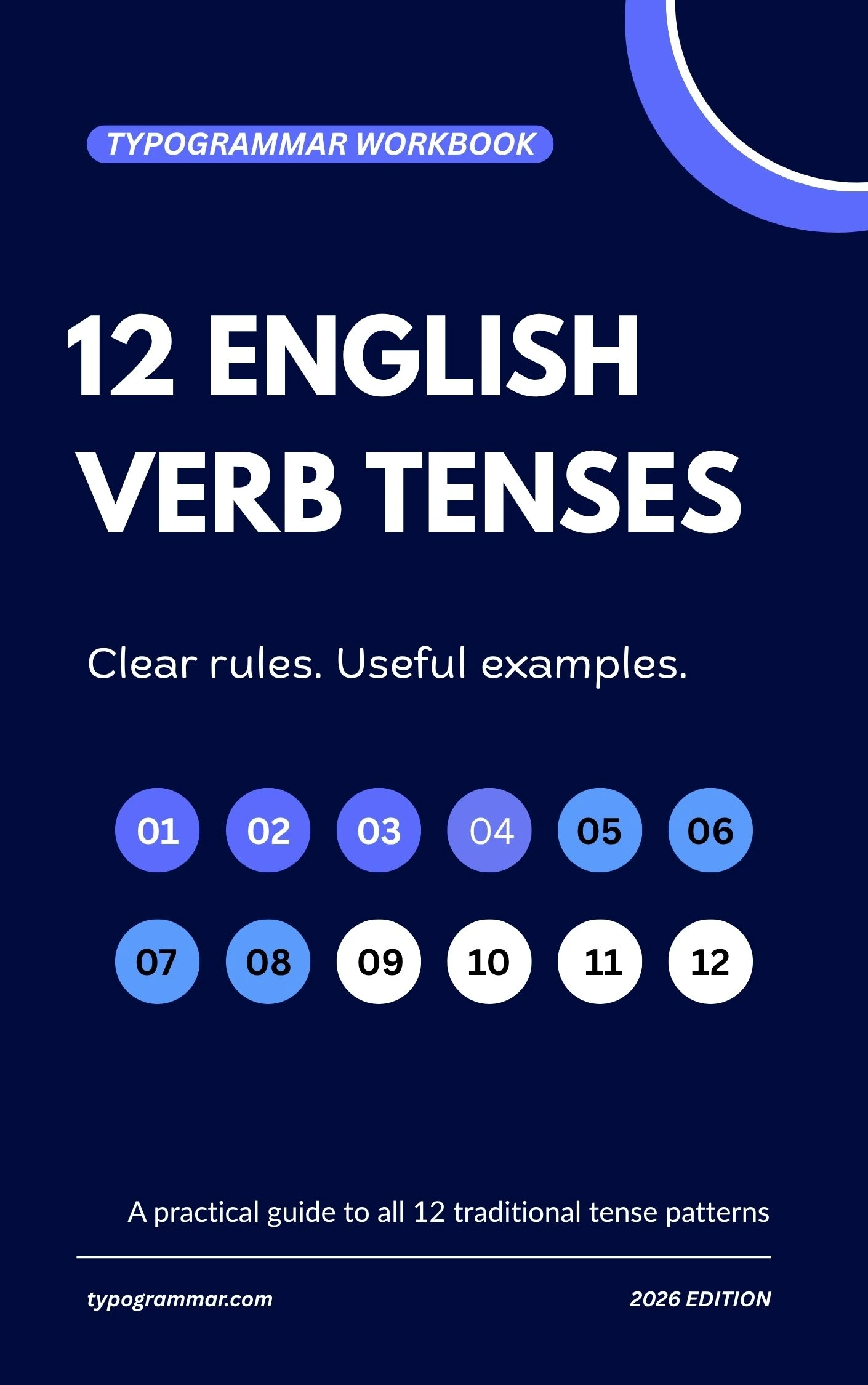 12 English Verb Tenses workbook with a navy cover and blue accents.