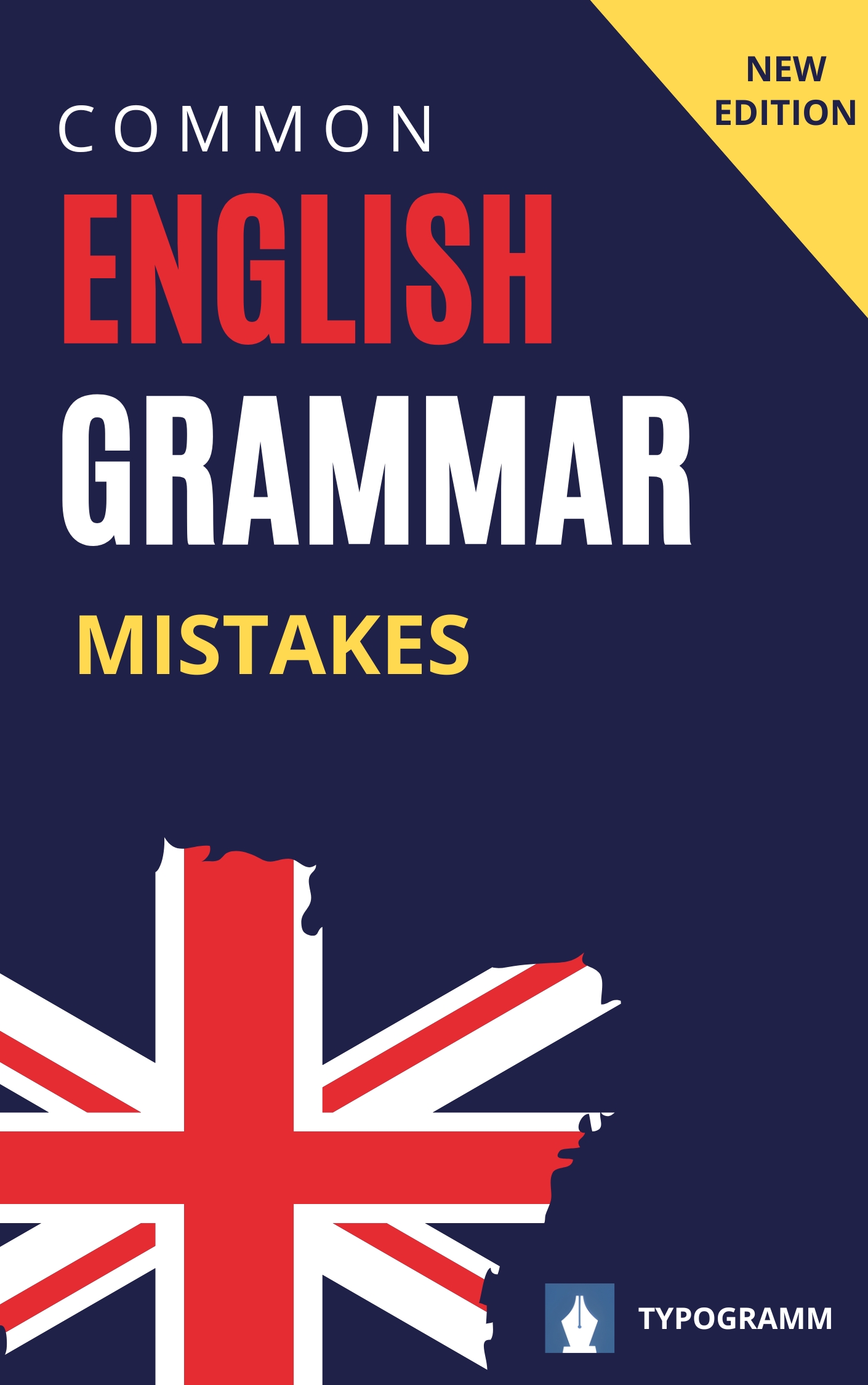 Common English Grammar Mistakes Handbook PDF cover by TypoGrammar featuring a modern grammar reference book for ESL learners, IELTS, TOEFL, and English students