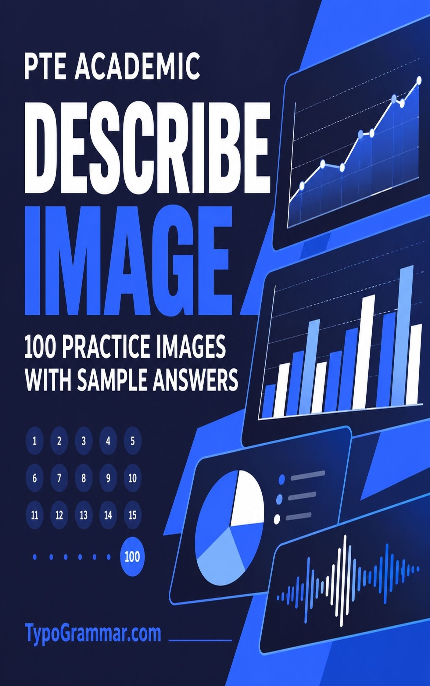 PTE Academic Describe Image workbook cover with 100 practice images and sample answers from TypoGrammar.com.