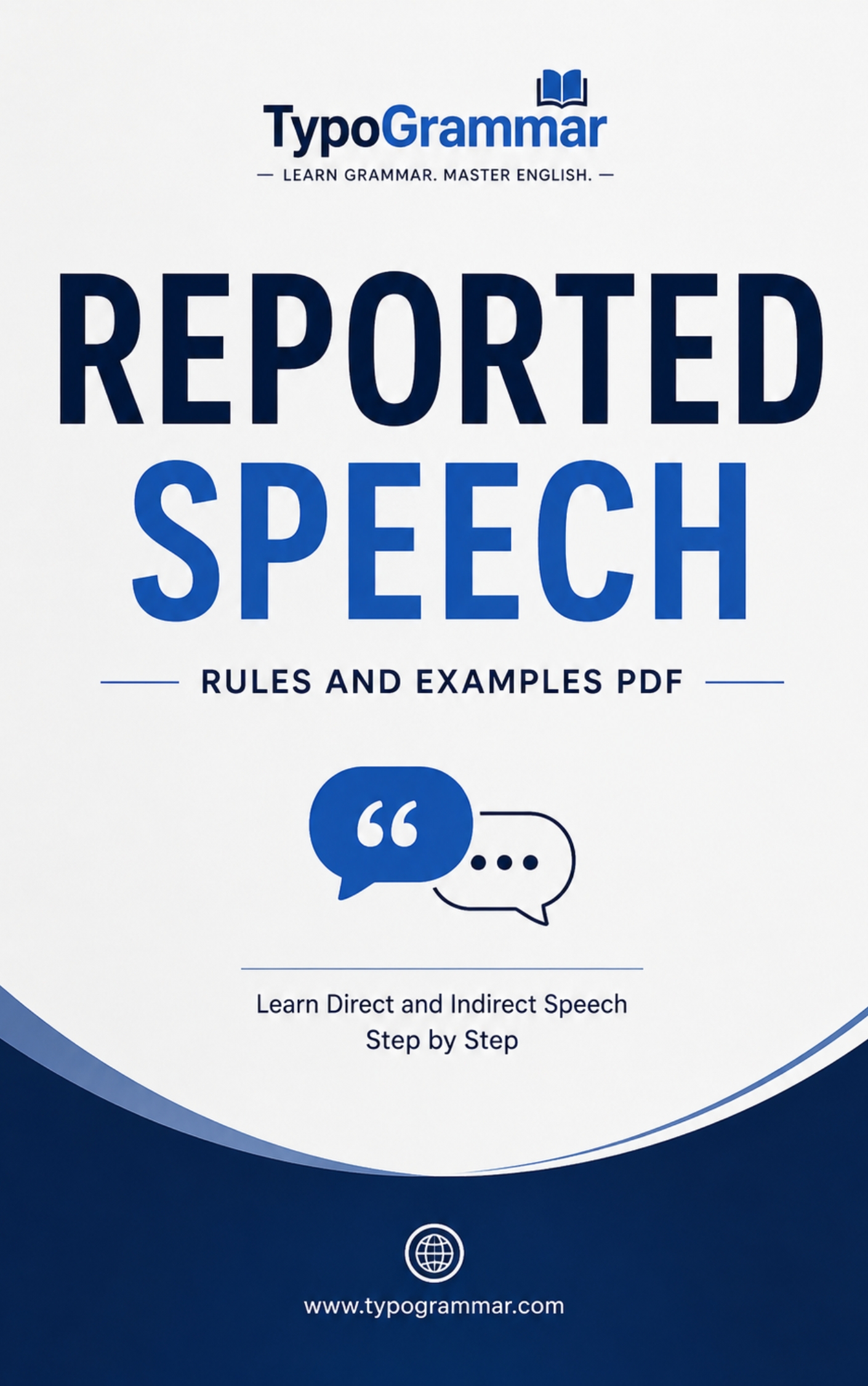 Reported Speech Rules and Examples PDF cover featuring direct and indirect speech grammar guide for English learners by TypoGrammar